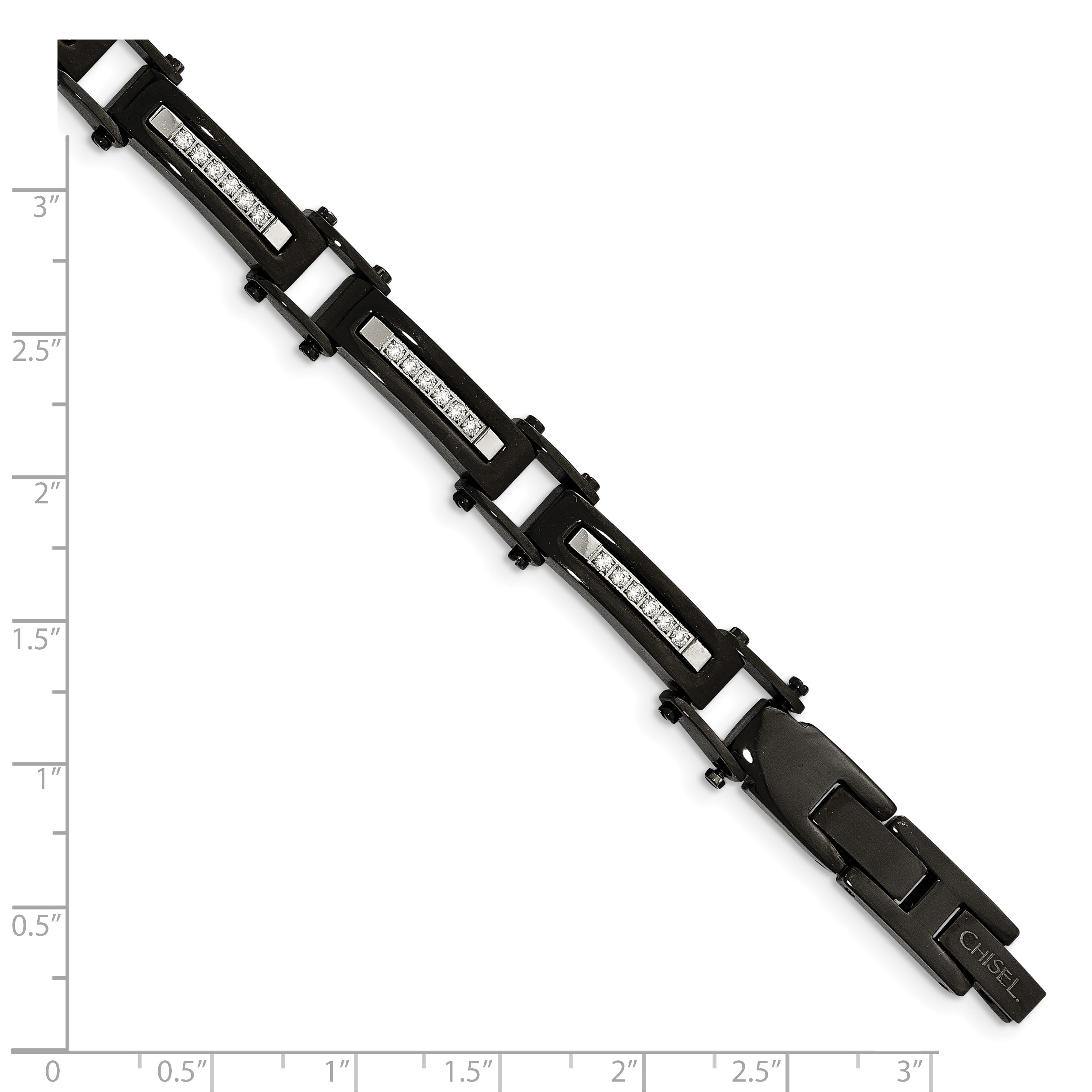 Chisel Stainless Steel Polished Black IP-plated with CZ 8.25 inch Bracelet with .5 inch Extension