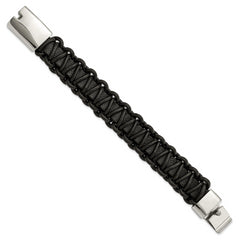 Stainless Steel Polished Rounded Braided Black Leather 8.5in Bracelet