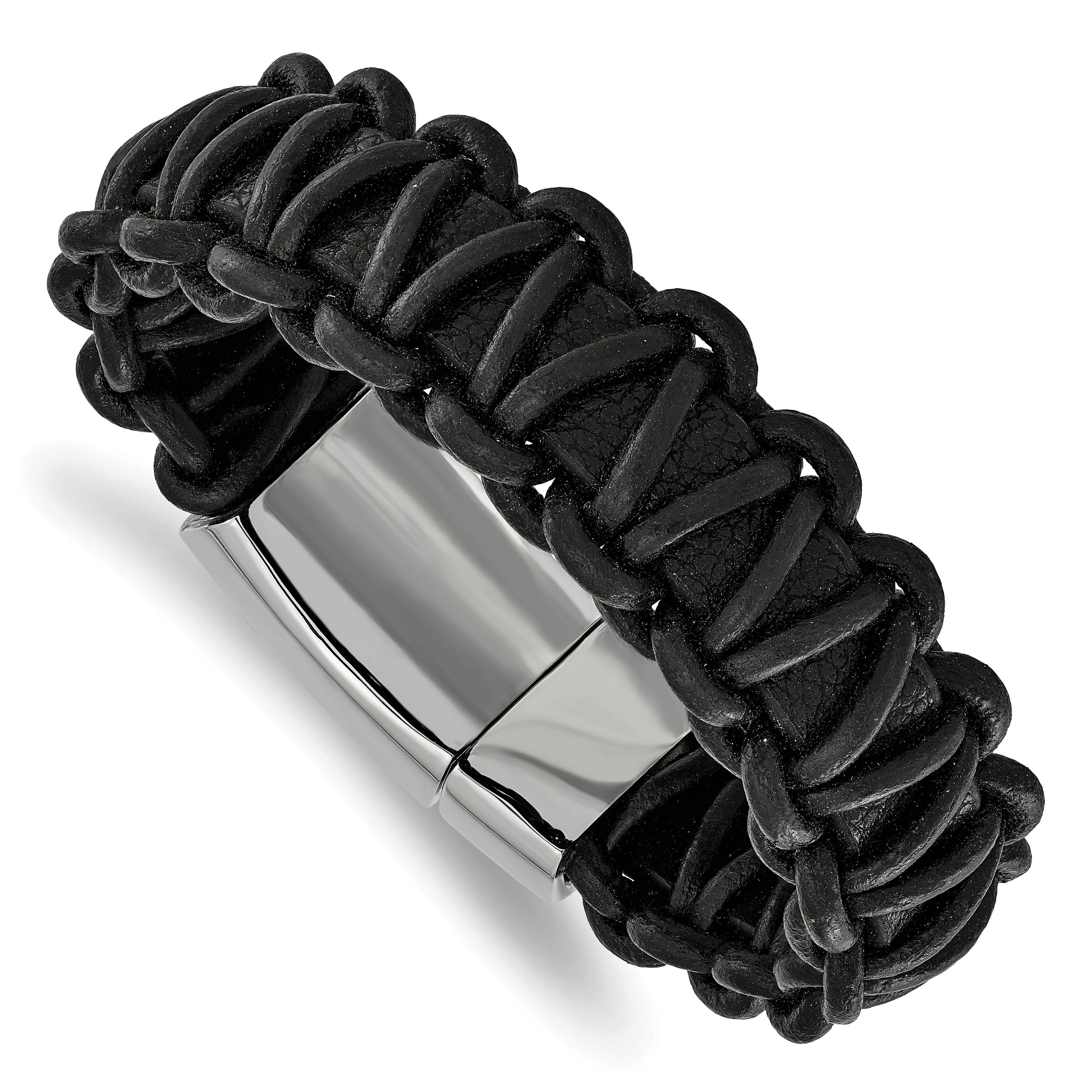 Stainless Steel Polished Rounded Braided Black Leather 8.5in Bracelet