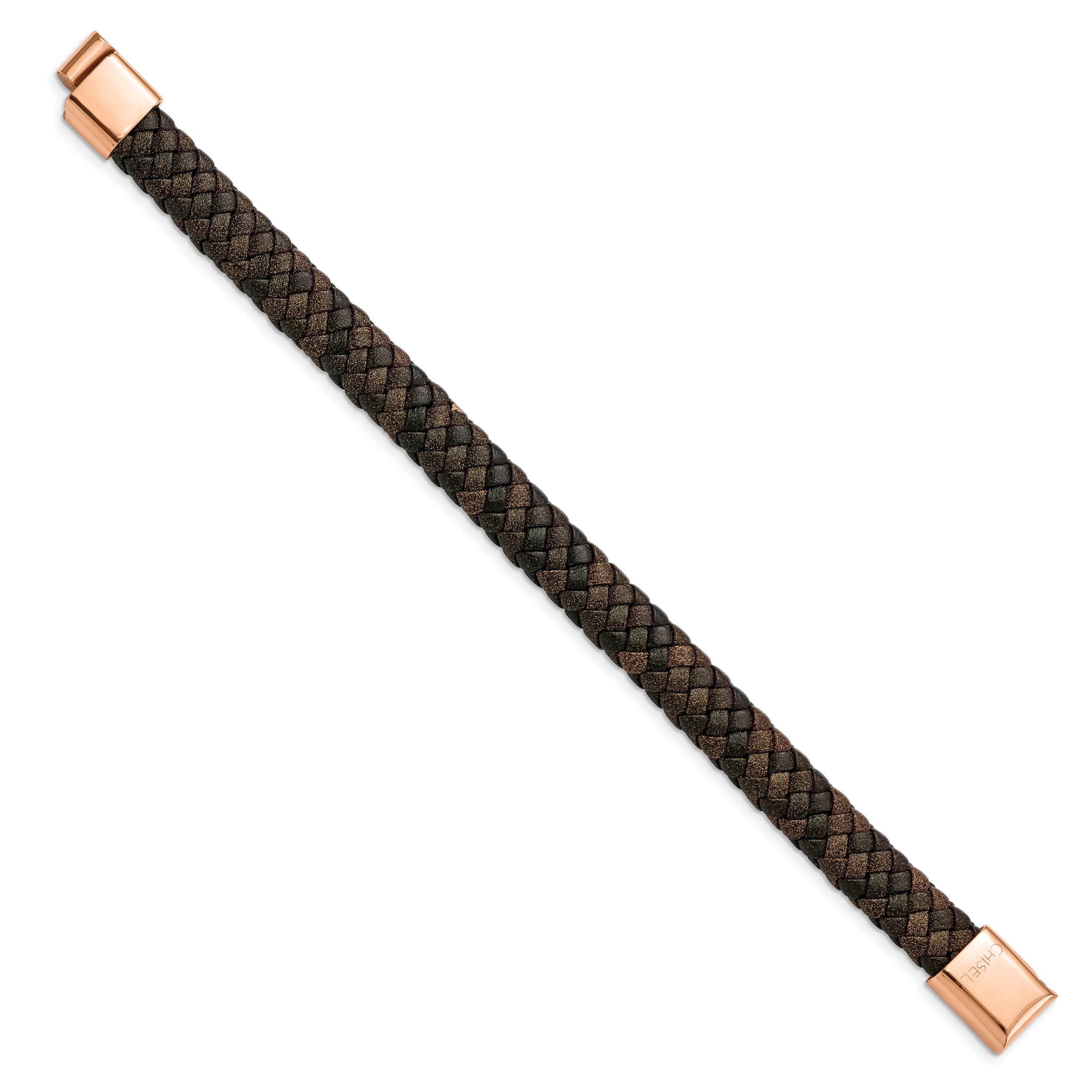 Chisel Stainless Steel Polished Rose IP-plated Brown Braided Leather 8.5 inch Bracelet