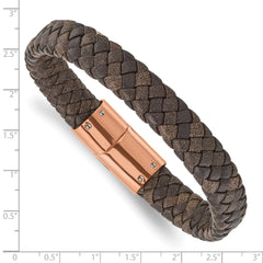 Chisel Stainless Steel Polished Rose IP-plated Brown Braided Leather 8.5 inch Bracelet