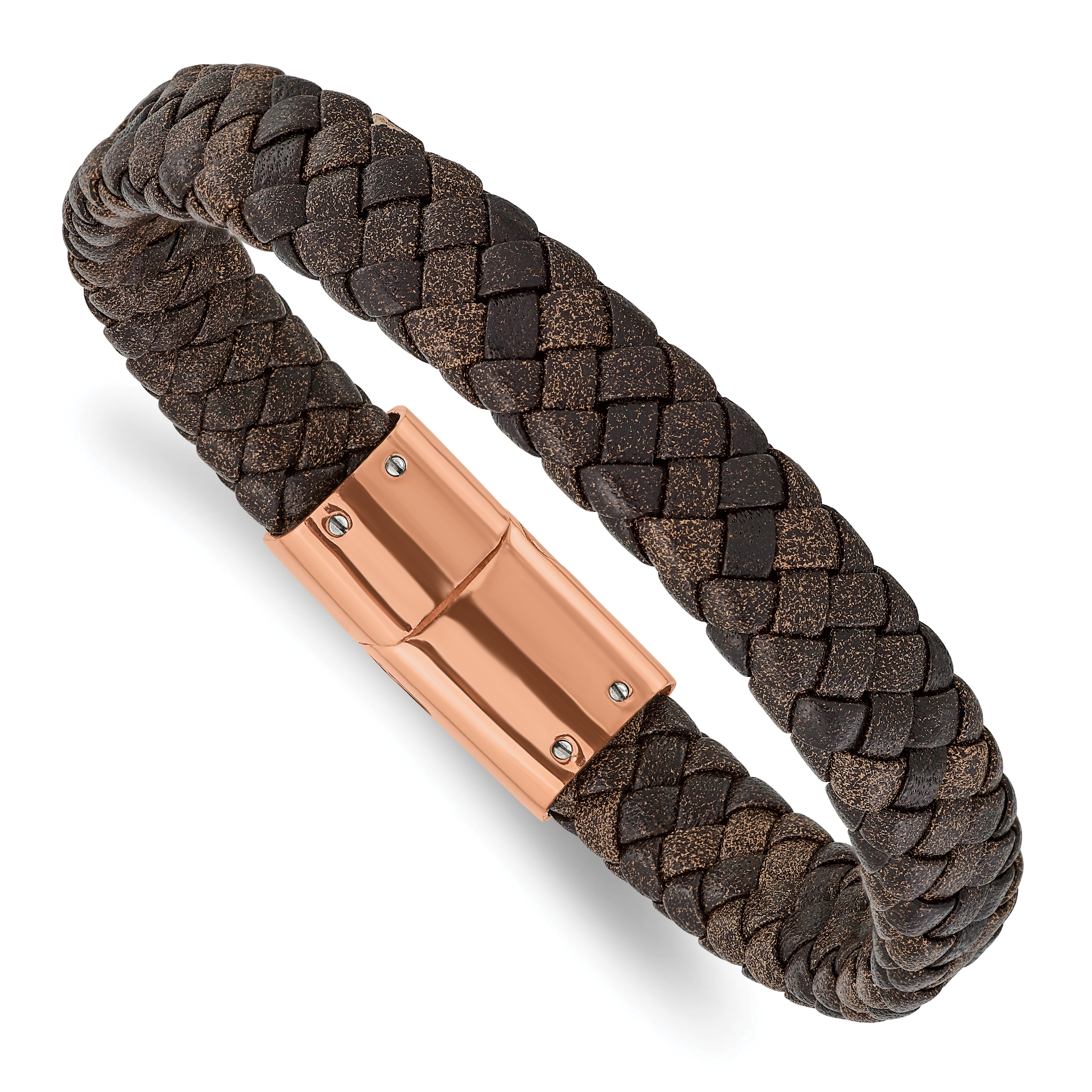 Chisel Stainless Steel Polished Rose IP-plated Brown Braided Leather 8.5 inch Bracelet