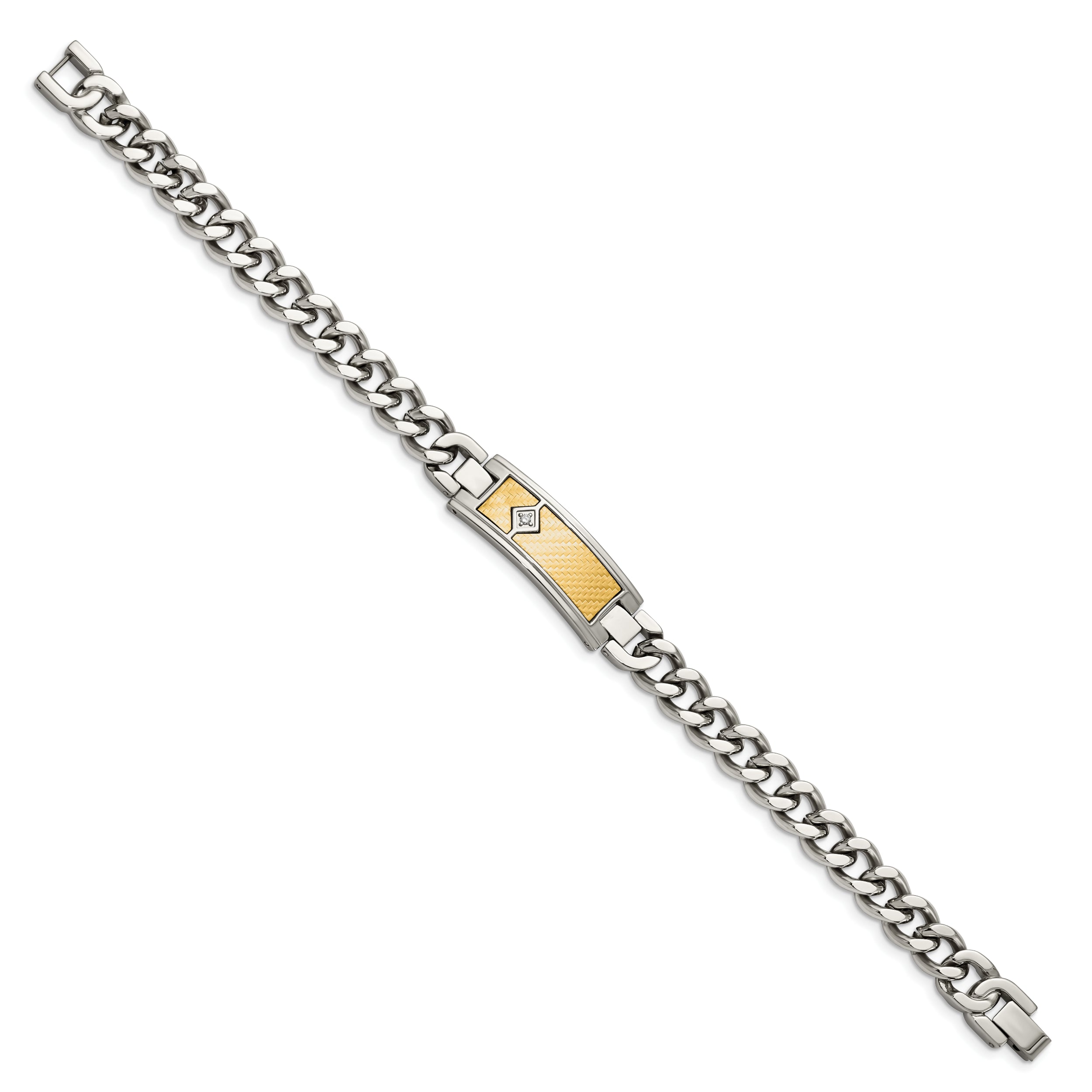 Chisel Stainless Steel Polished with 18k Gold Weave Texture and .05 carat Diamond 9 inch ID Bracelet