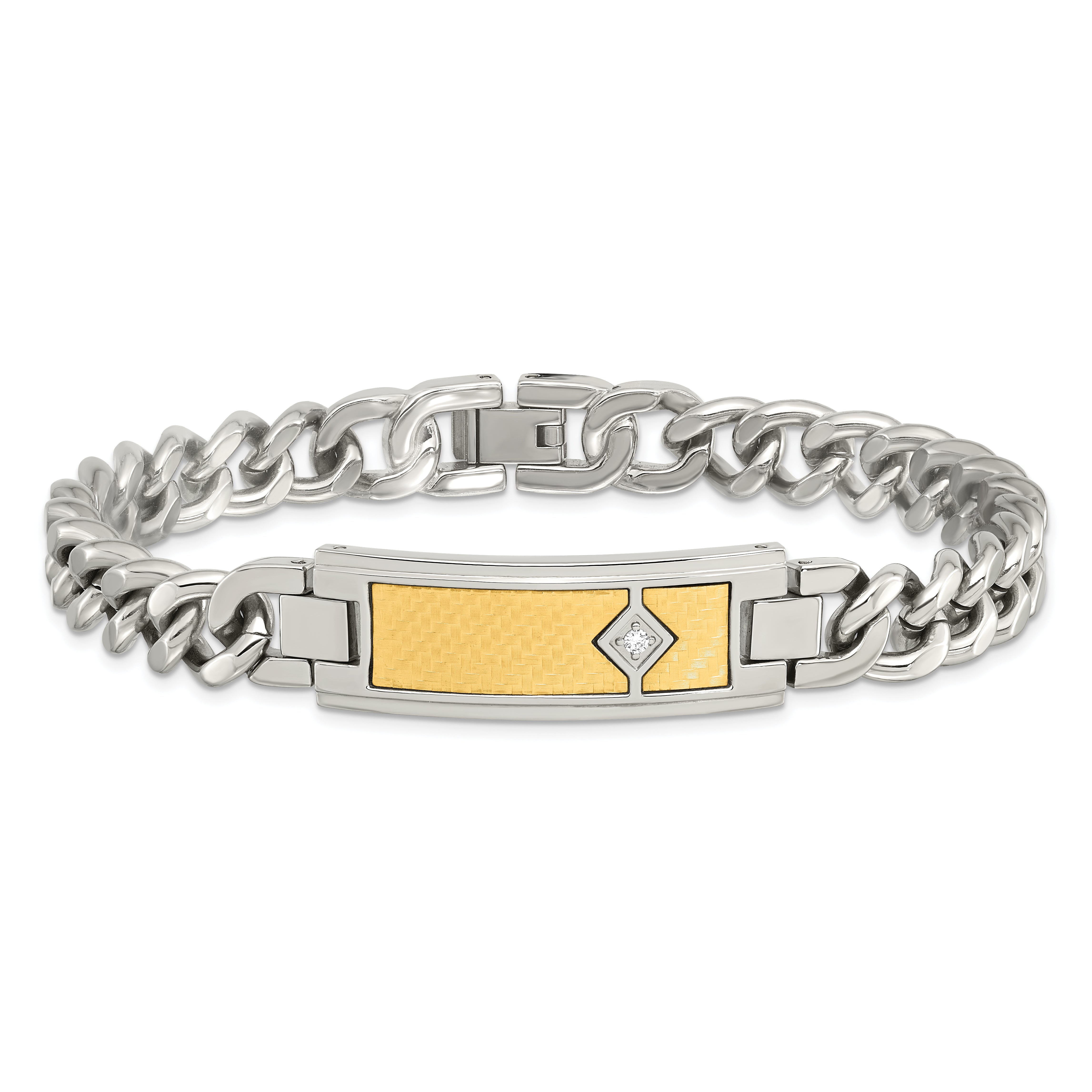 Chisel Stainless Steel Polished with 18k Gold Weave Texture and .05 carat Diamond 9 inch ID Bracelet