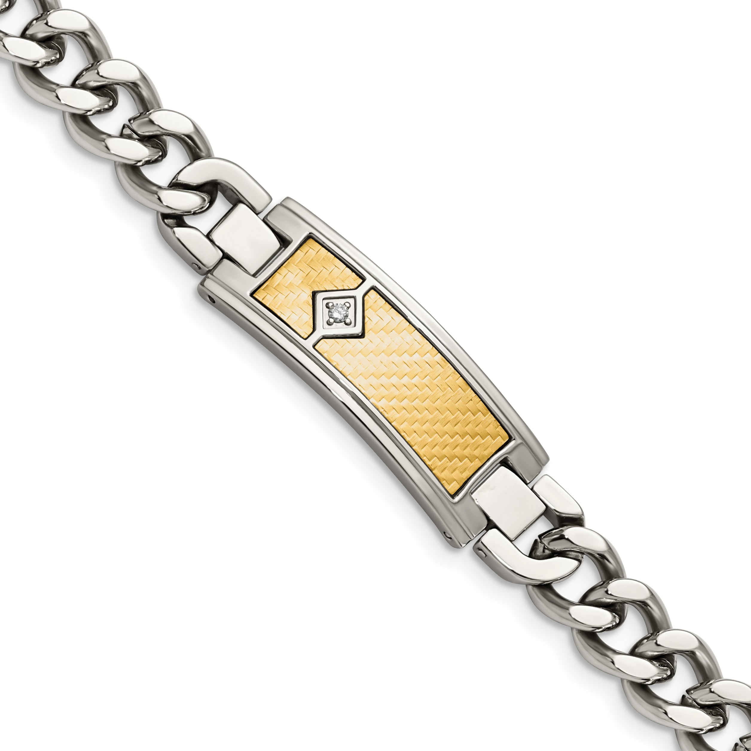 Chisel Stainless Steel Polished with 18k Gold Weave Texture and .05 carat Diamond 9 inch ID Bracelet