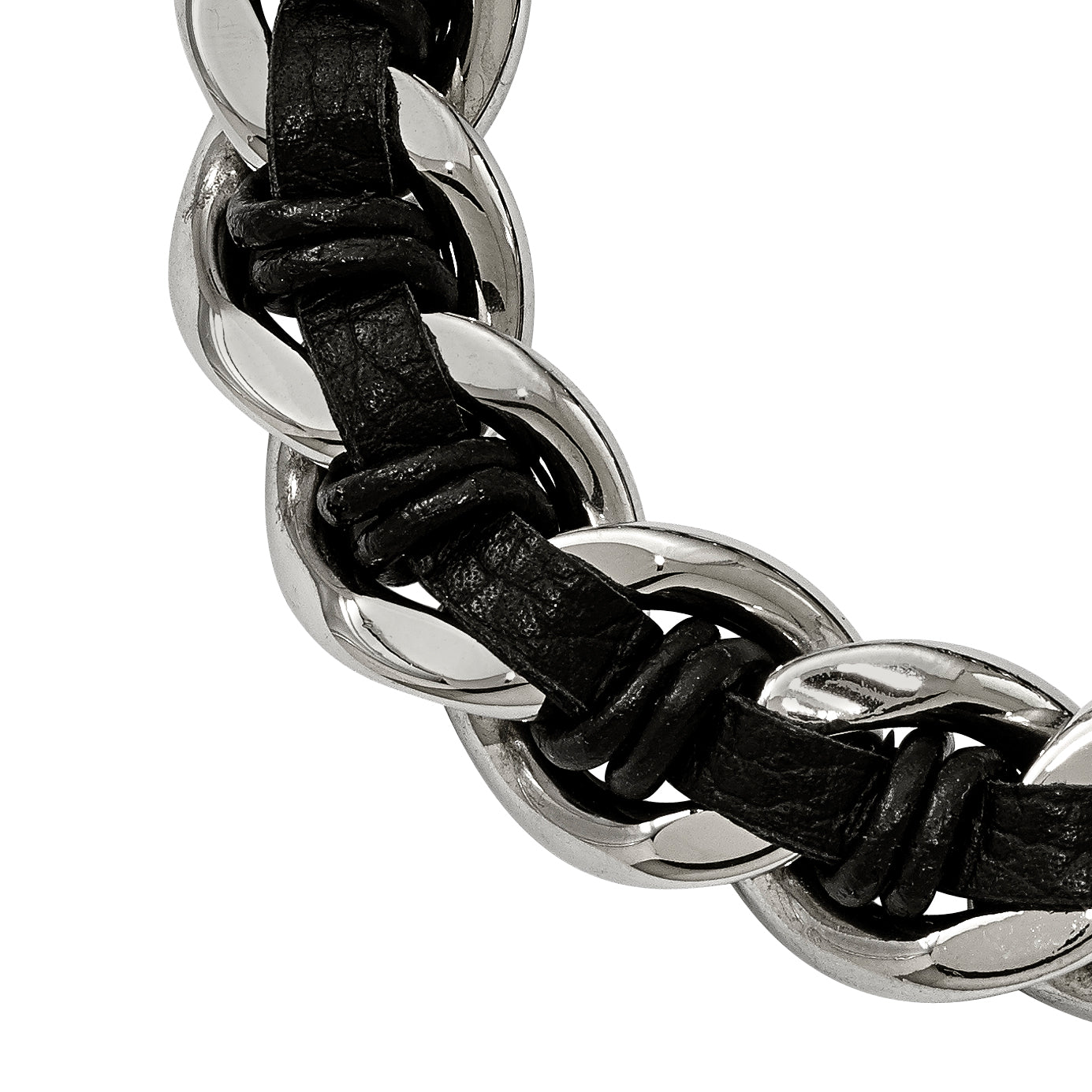 Chisel Stainless Steel Antiqued and Polished Dragon Head Curb Chain with Black Leather 8.5 inch Bracelet