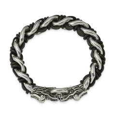 Chisel Stainless Steel Antiqued and Polished Dragon Head Curb Chain with Black Leather 8.5 inch Bracelet