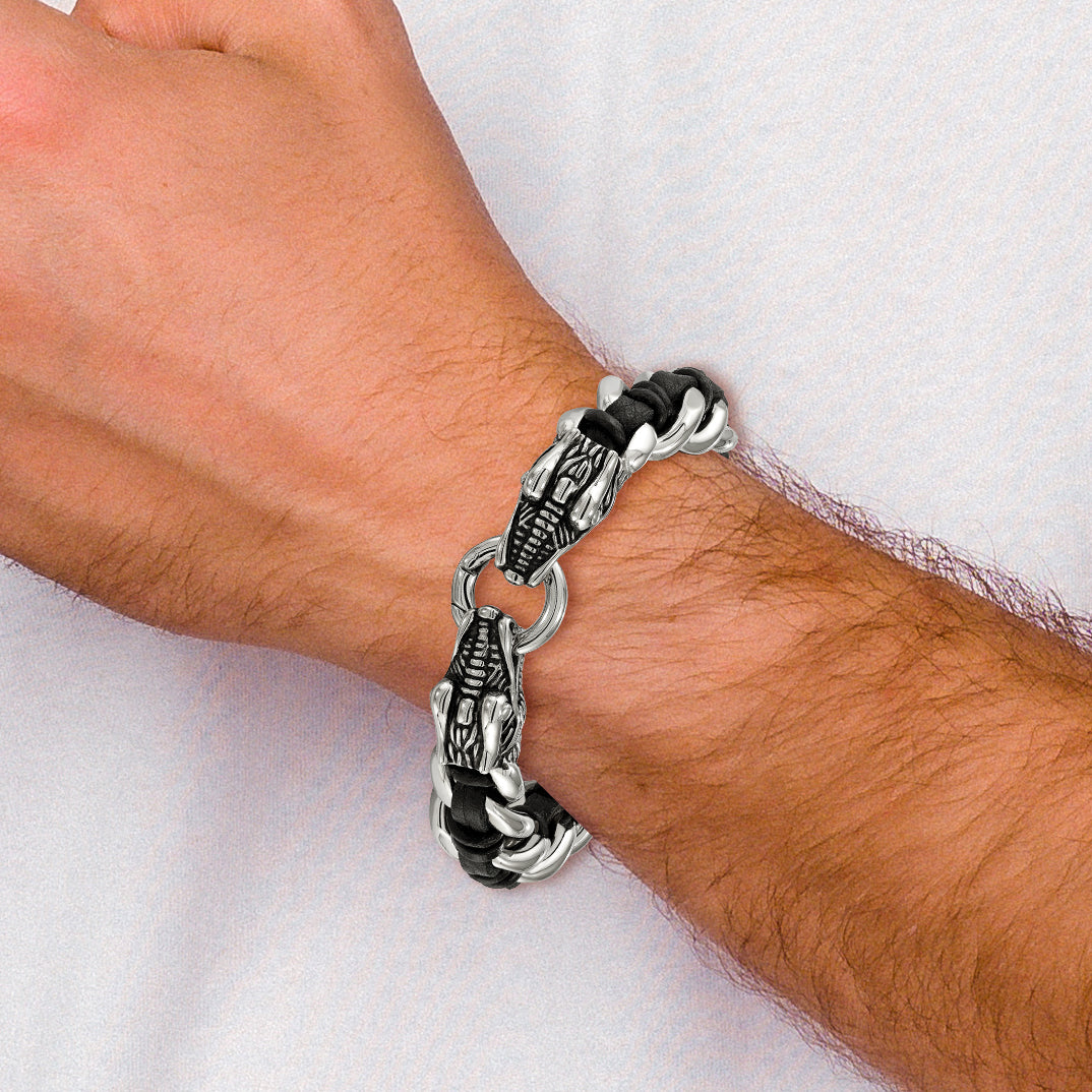 Chisel Stainless Steel Antiqued and Polished Dragon Head Curb Chain with Black Leather 8.5 inch Bracelet