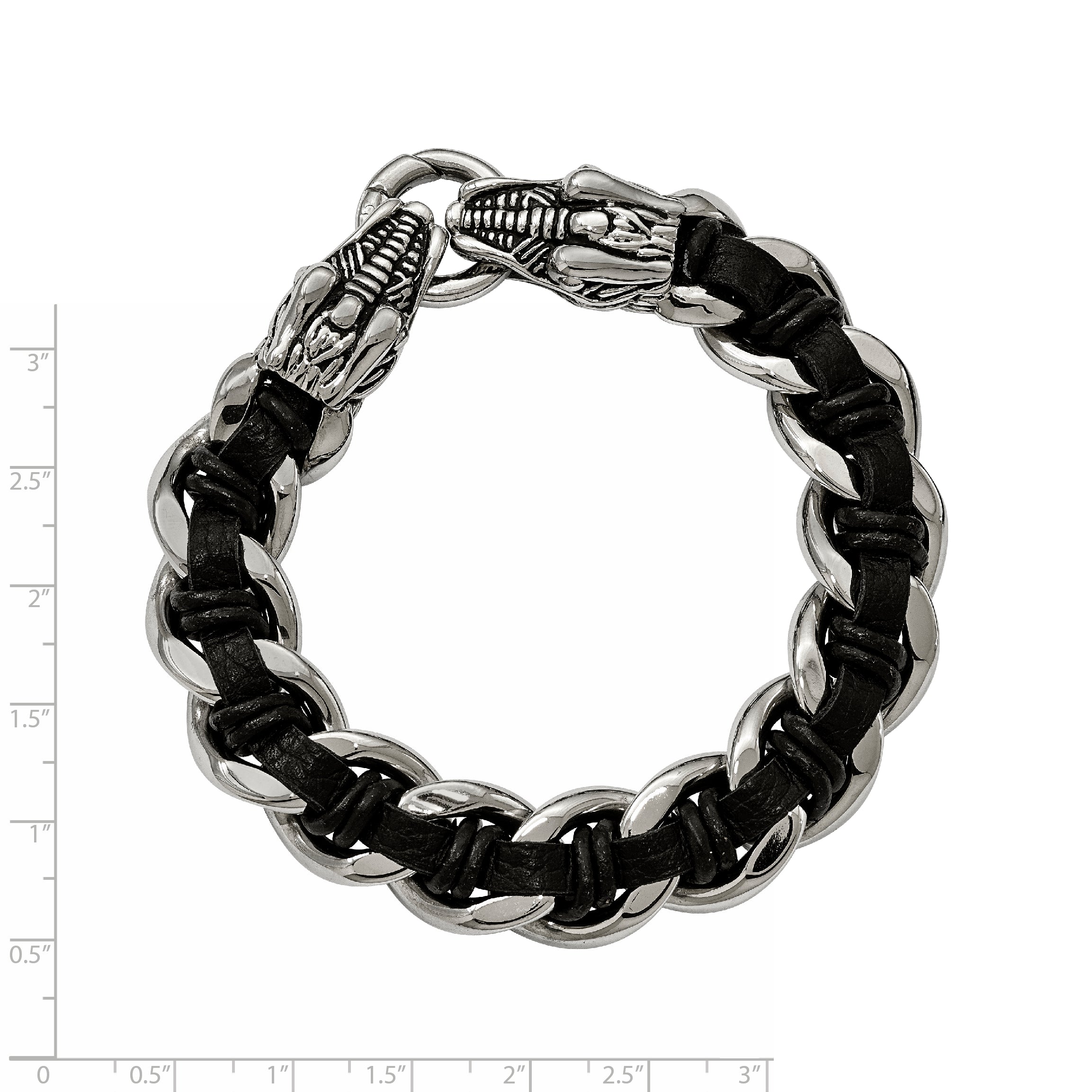 Chisel Stainless Steel Antiqued and Polished Dragon Head Curb Chain with Black Leather 8.5 inch Bracelet