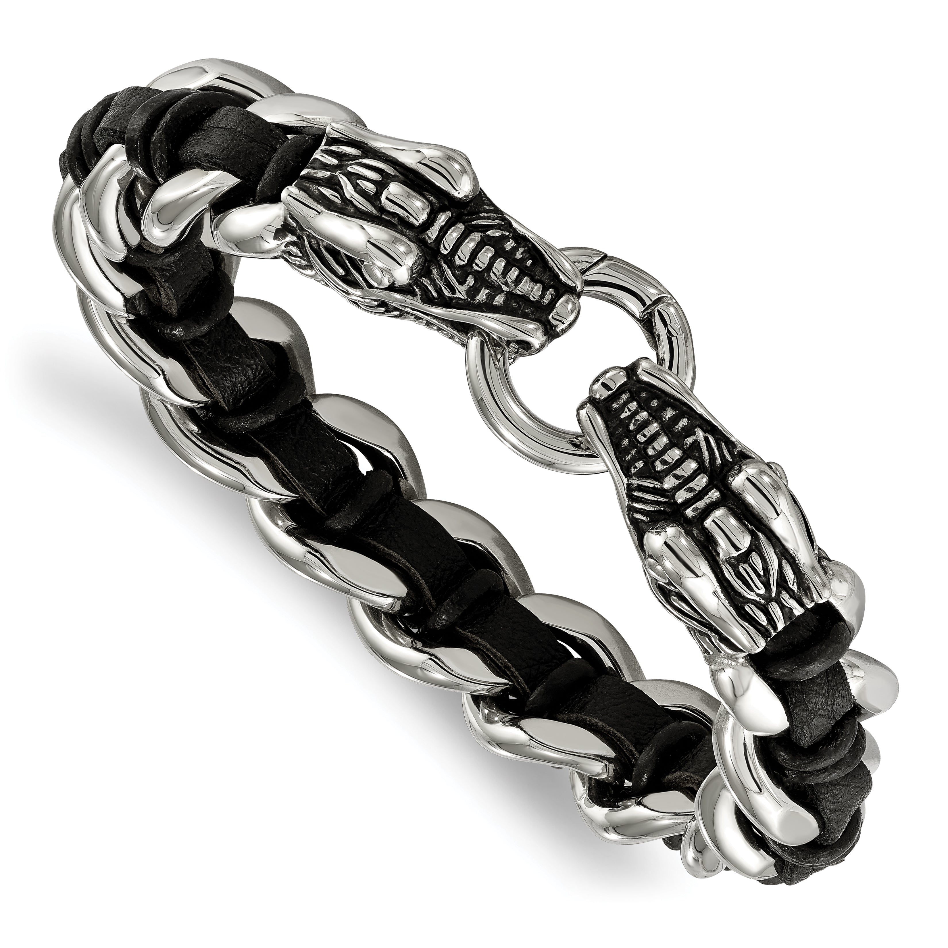 Chisel Stainless Steel Antiqued and Polished Dragon Head Curb Chain with Black Leather 8.5 inch Bracelet