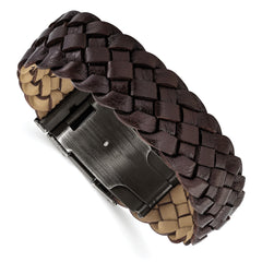 Stainless Steel Antiqued and Brushed Brown Braided Leather 9in Bracelet