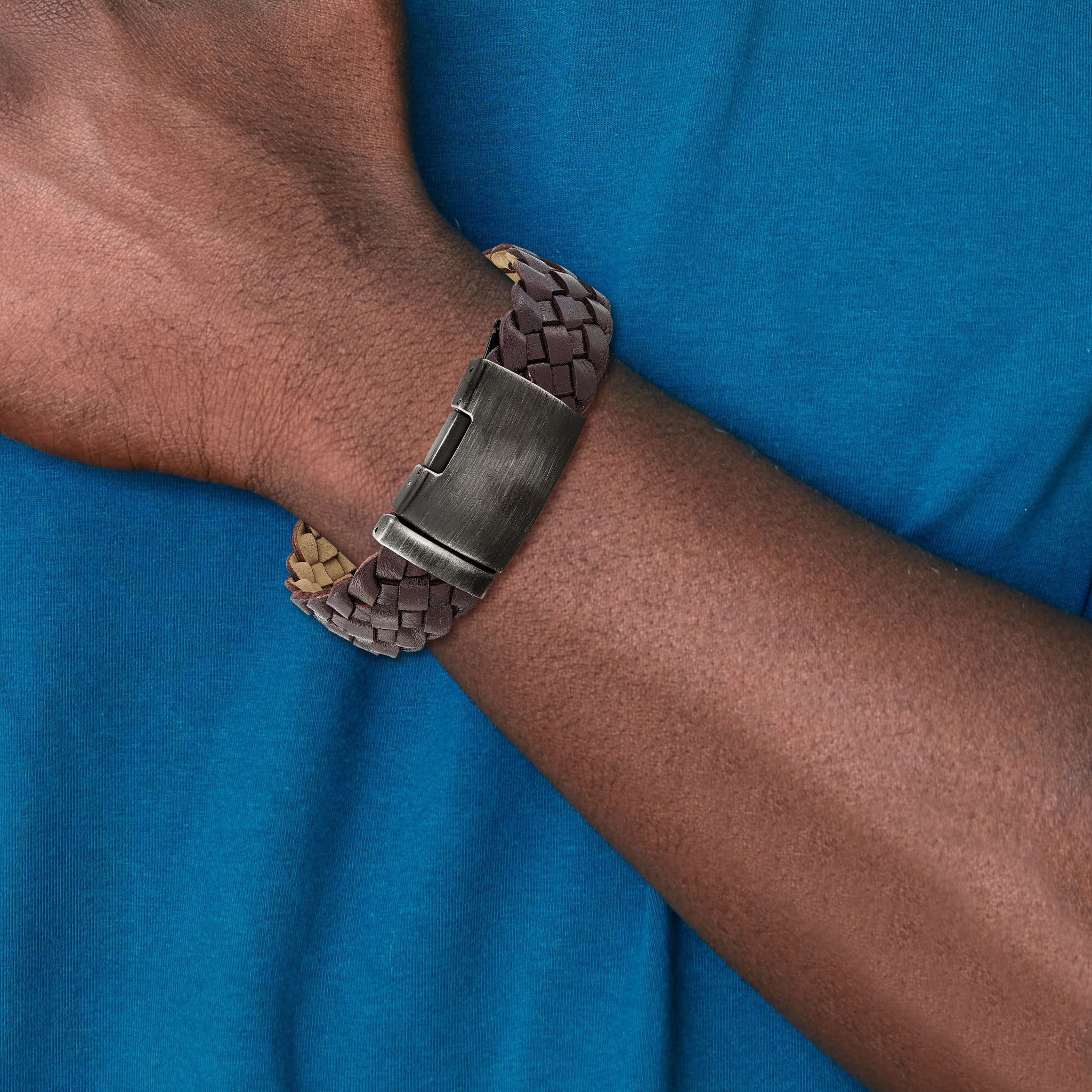 Stainless Steel Antiqued and Brushed Brown Braided Leather 9in Bracelet