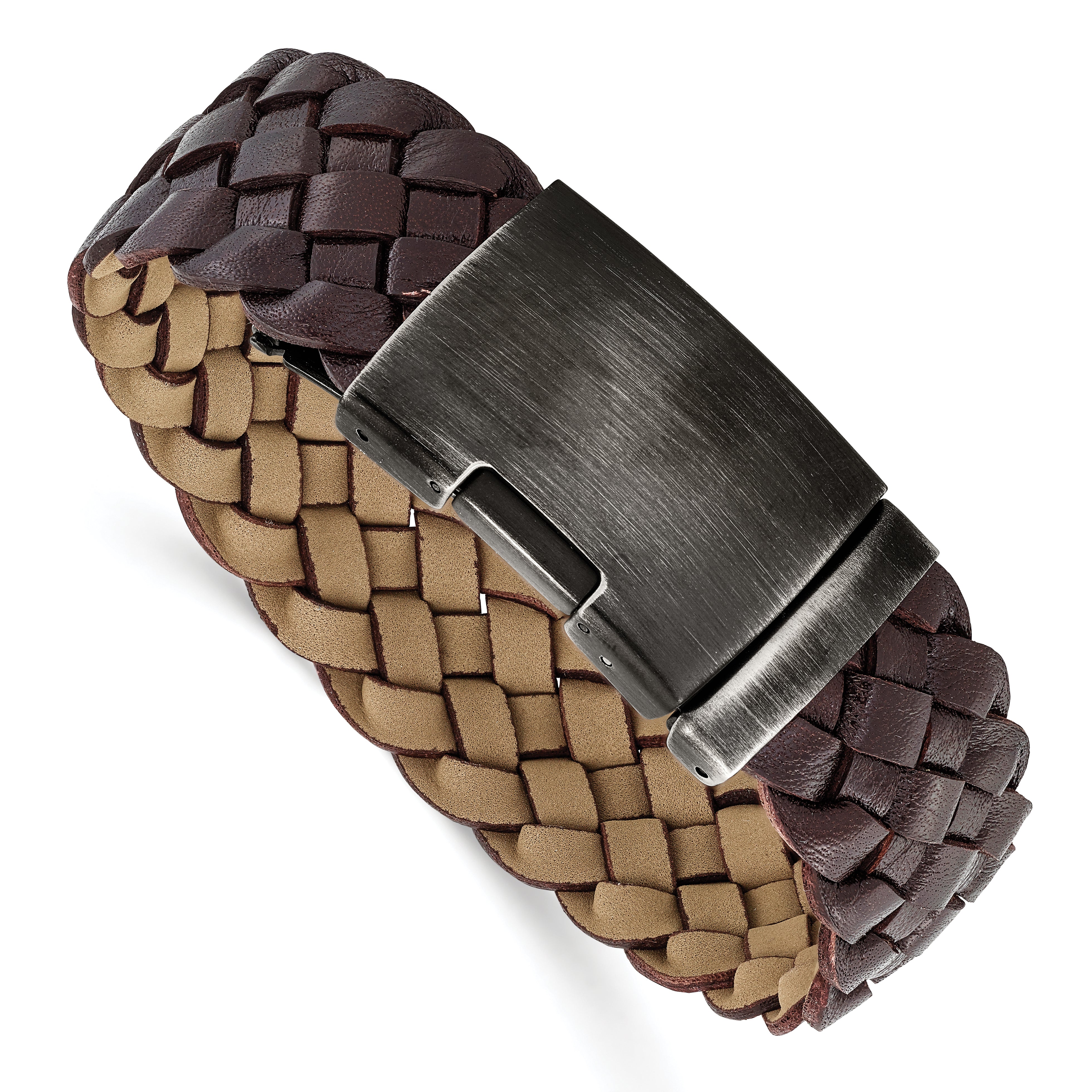 Stainless Steel Antiqued and Brushed Brown Braided Leather 9in Bracelet