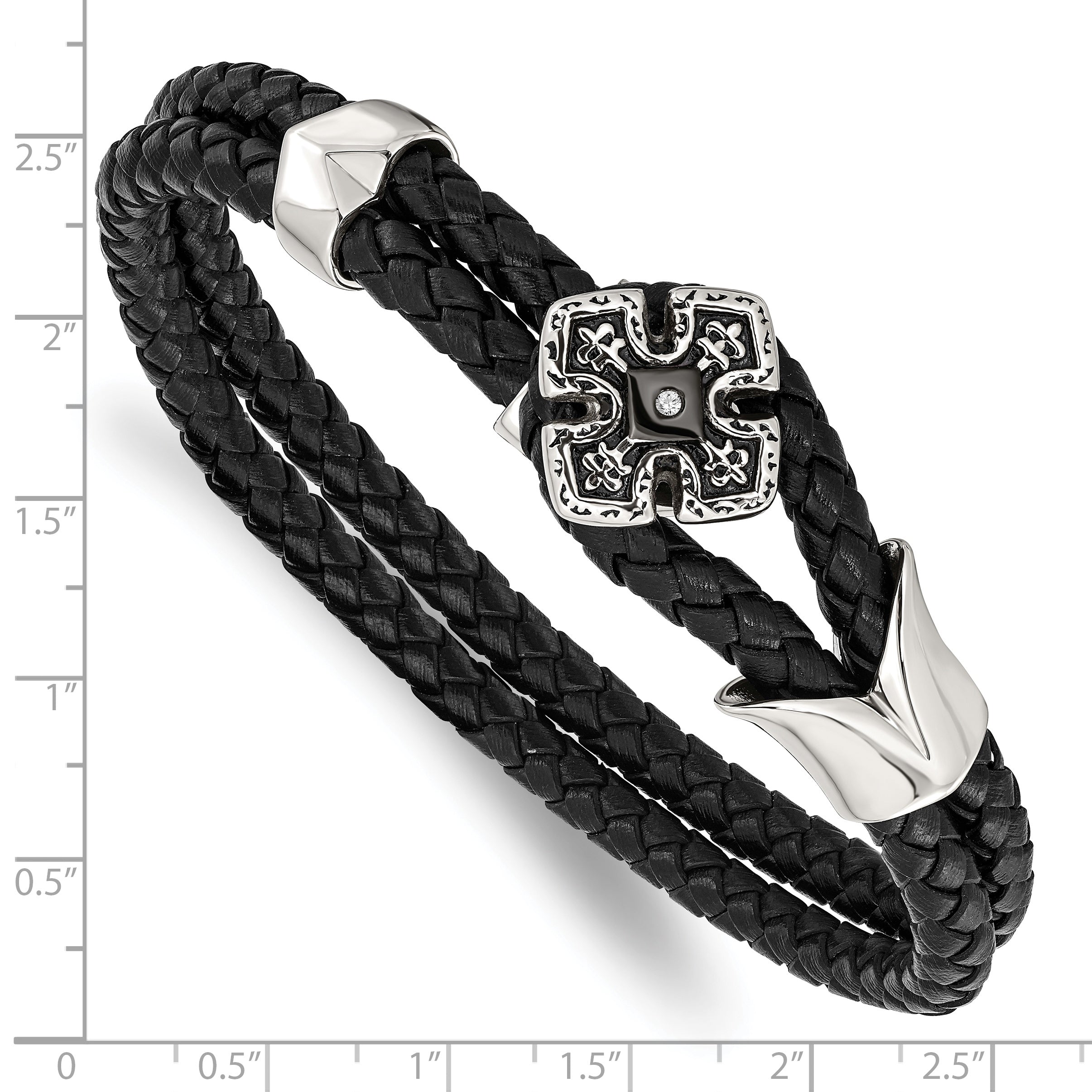 Stainless Steel Polished Black IP w/CZ Braided Black Leather 8in Bracelet