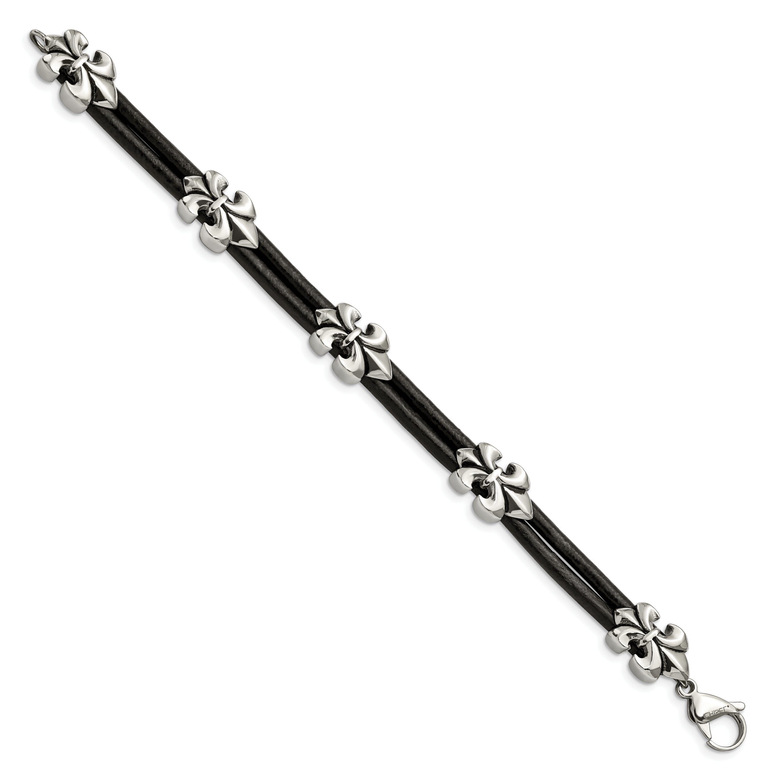 Stainless Steel Antiqued & Polished Fleur De Lis Black Leather Bracelet