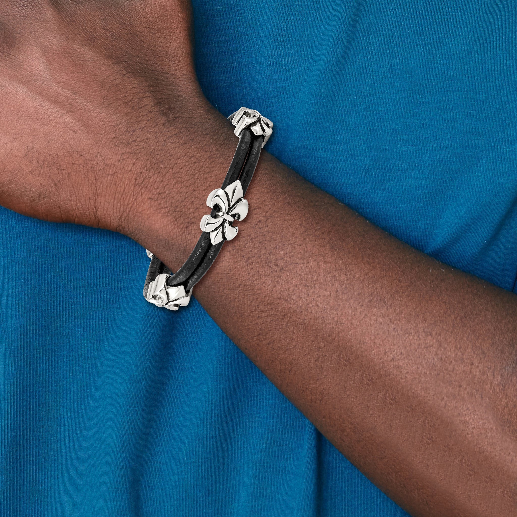 Stainless Steel Antiqued & Polished Fleur De Lis Black Leather Bracelet