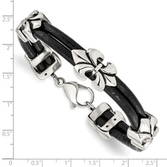 Stainless Steel Antiqued & Polished Fleur De Lis Black Leather Bracelet