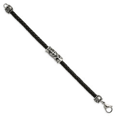 Chisel Stainless Steel Antiqued Polished and Textured Fleur de Lis Black Braided Leather 8.5 inch Bracelet