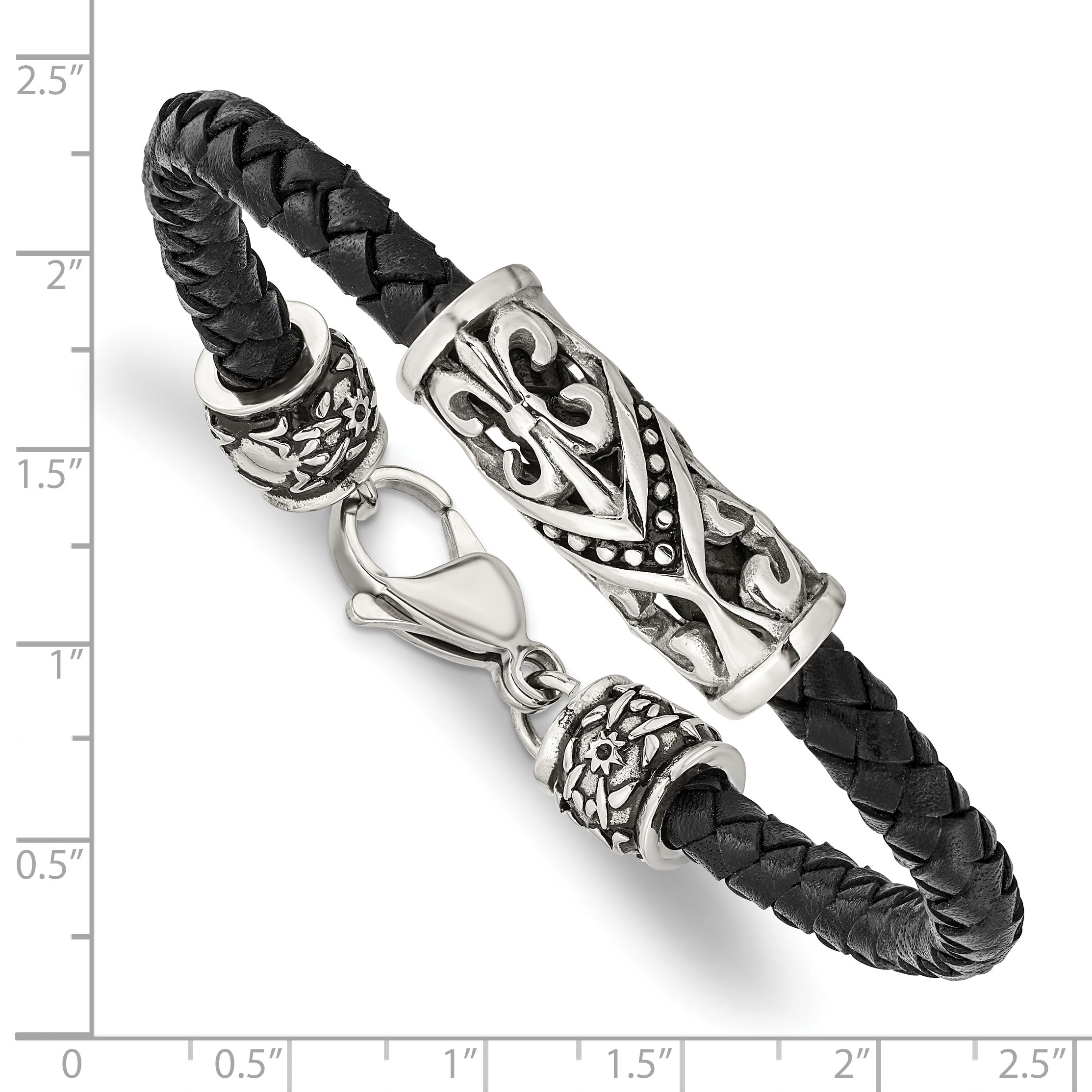 Chisel Stainless Steel Antiqued Polished and Textured Fleur de Lis Black Braided Leather 8.5 inch Bracelet