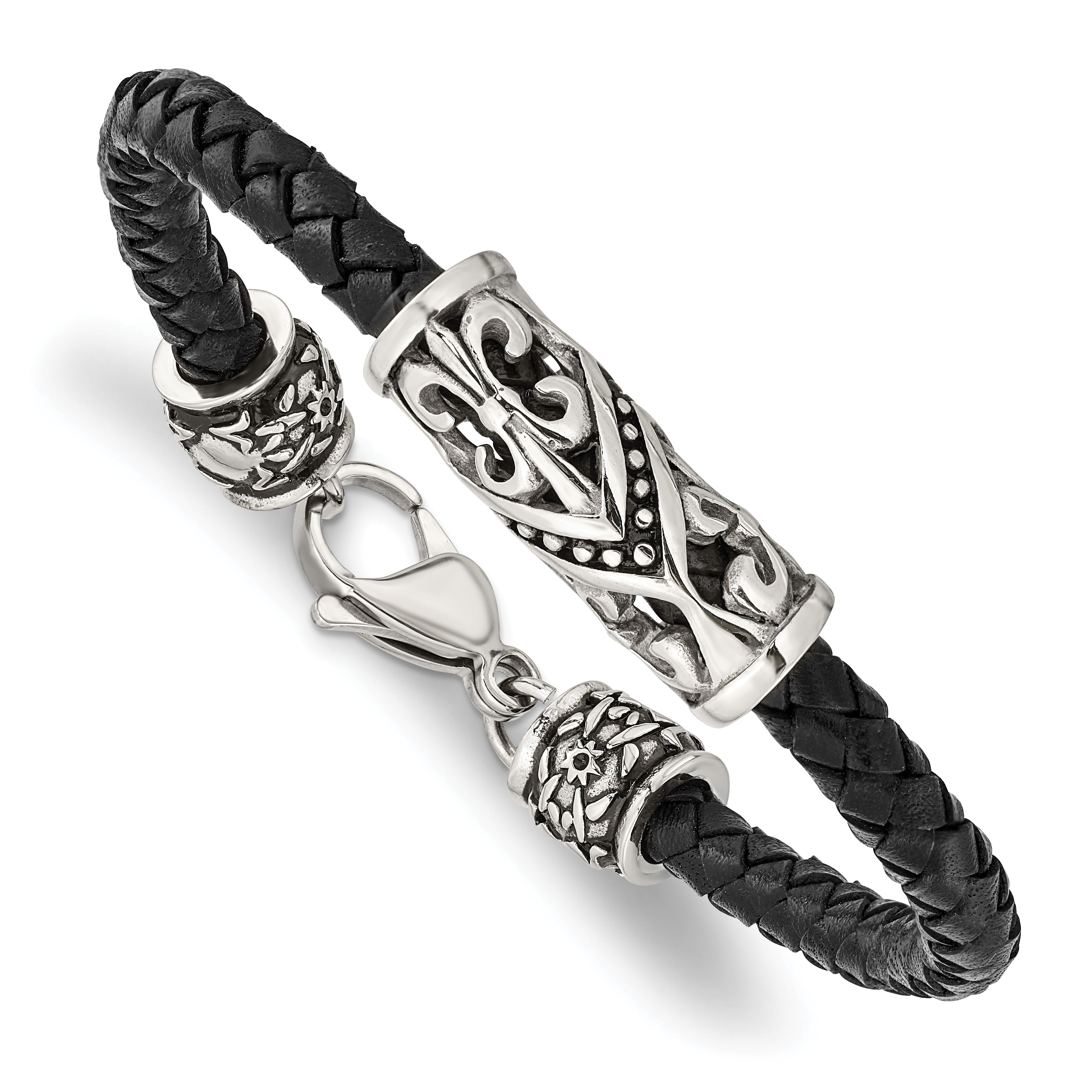 Chisel Stainless Steel Antiqued Polished and Textured Fleur de Lis Black Braided Leather 8.5 inch Bracelet