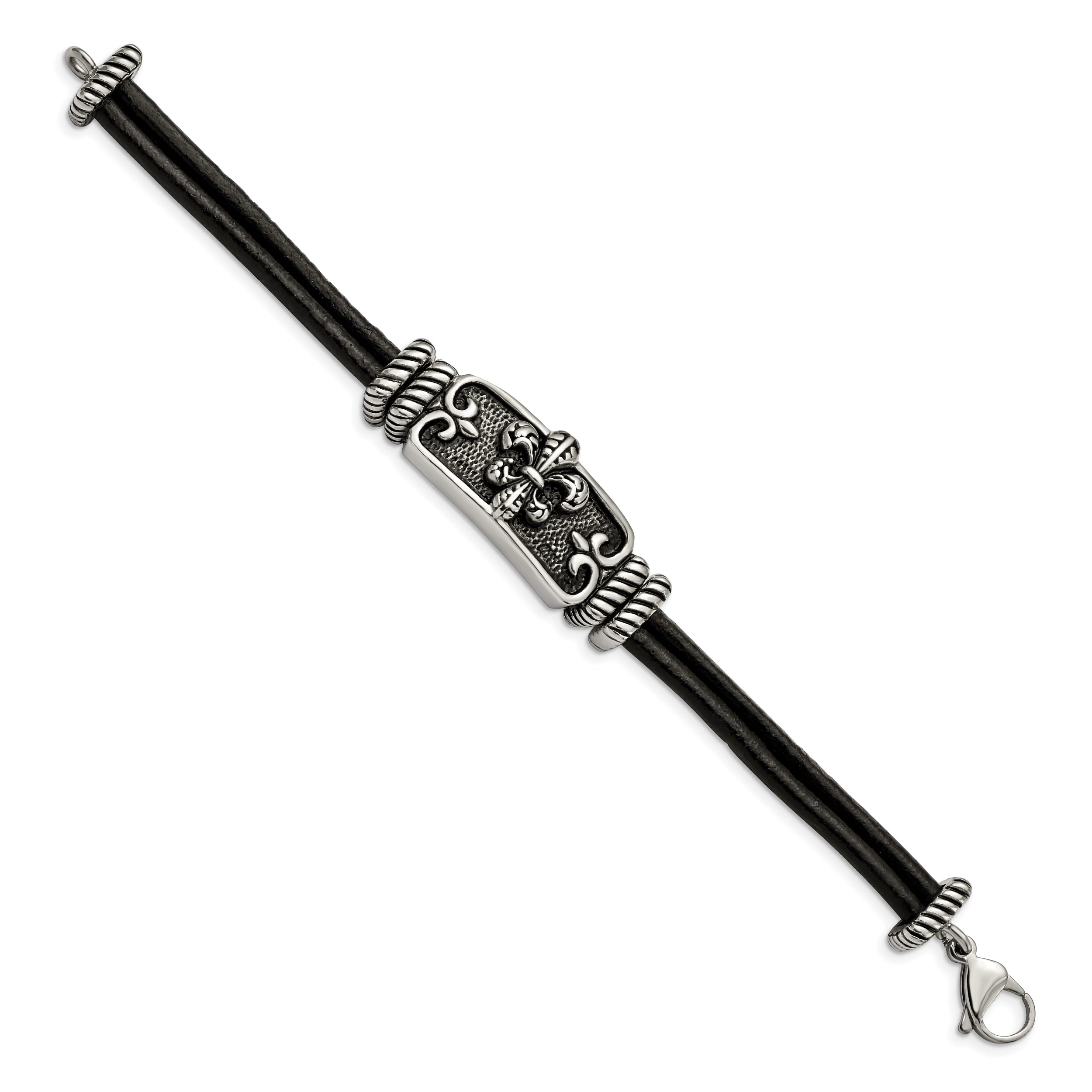 Chisel Stainless Steel Antiqued and Polished Fleur de Lis 2 Strand Black Leather 8.5 inch Bracelet