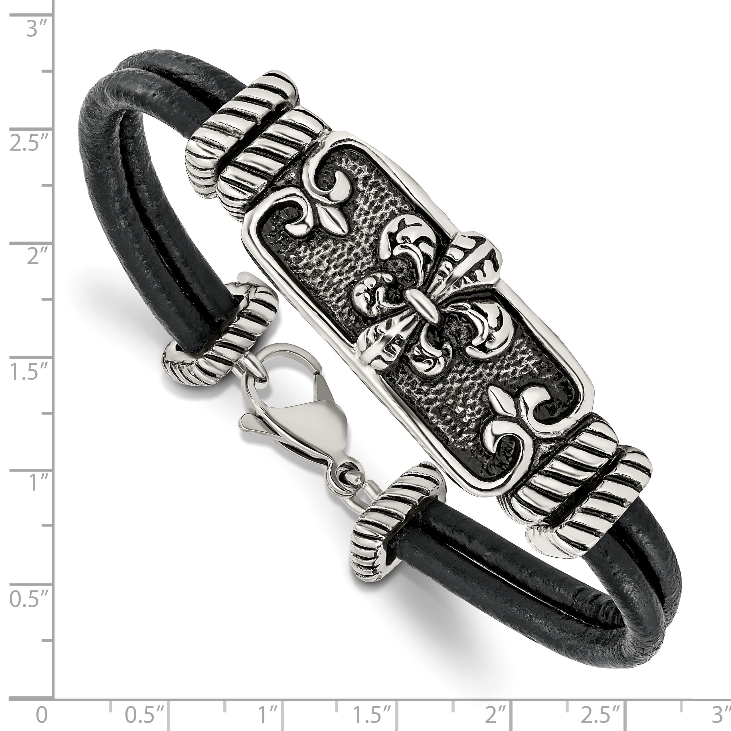 Chisel Stainless Steel Antiqued and Polished Fleur de Lis 2 Strand Black Leather 8.5 inch Bracelet