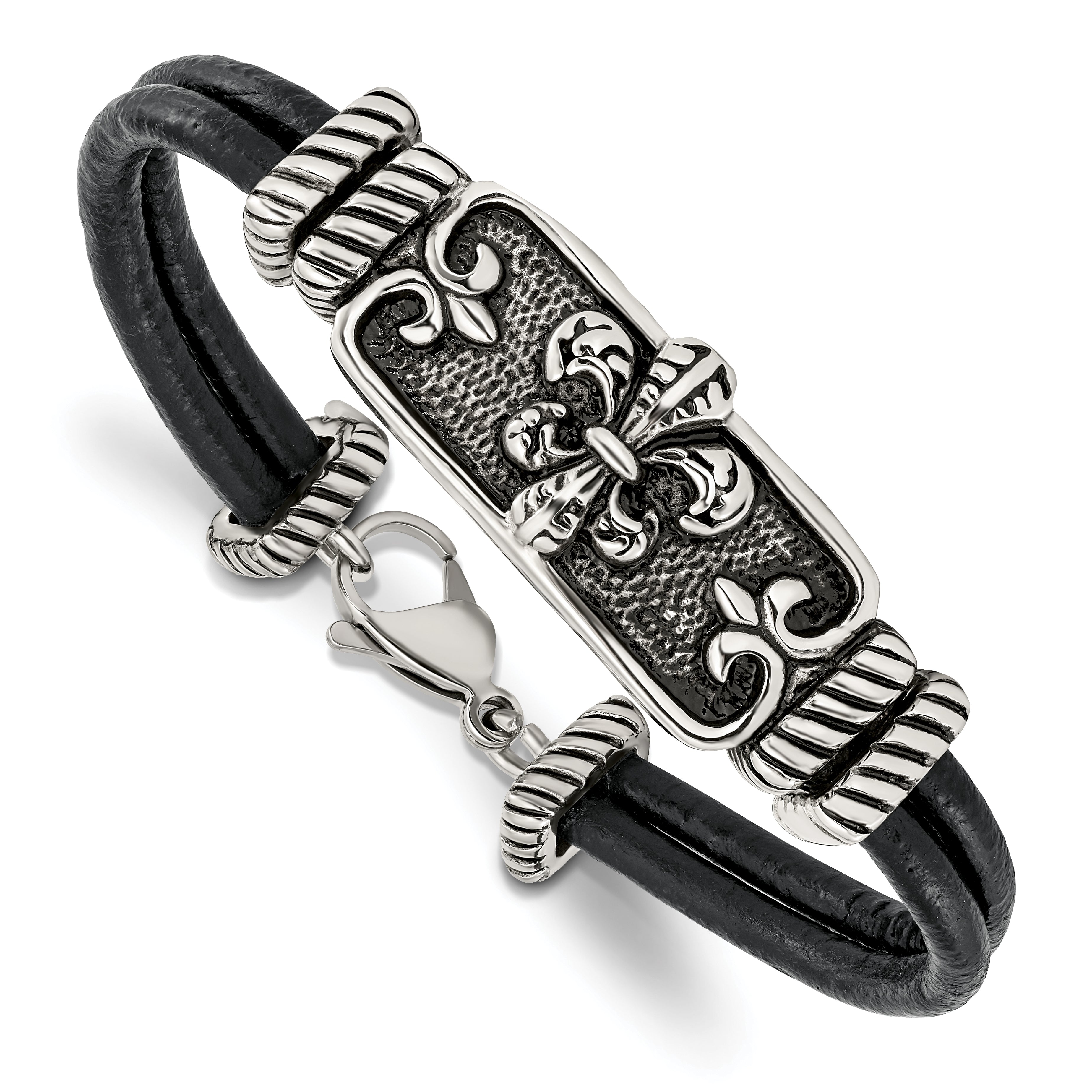 Chisel Stainless Steel Antiqued and Polished Fleur de Lis 2 Strand Black Leather 8.5 inch Bracelet