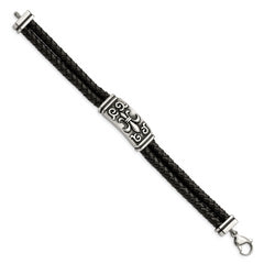 Chisel Stainless Steel Antiqued and Polished Fleur de Lis 2 Strand Black Braided Leather 8.5 inch Bracelet