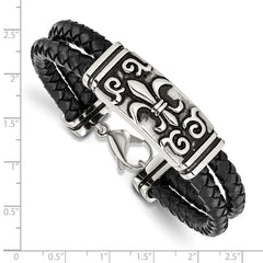 Chisel Stainless Steel Antiqued and Polished Fleur de Lis 2 Strand Black Braided Leather 8.5 inch Bracelet