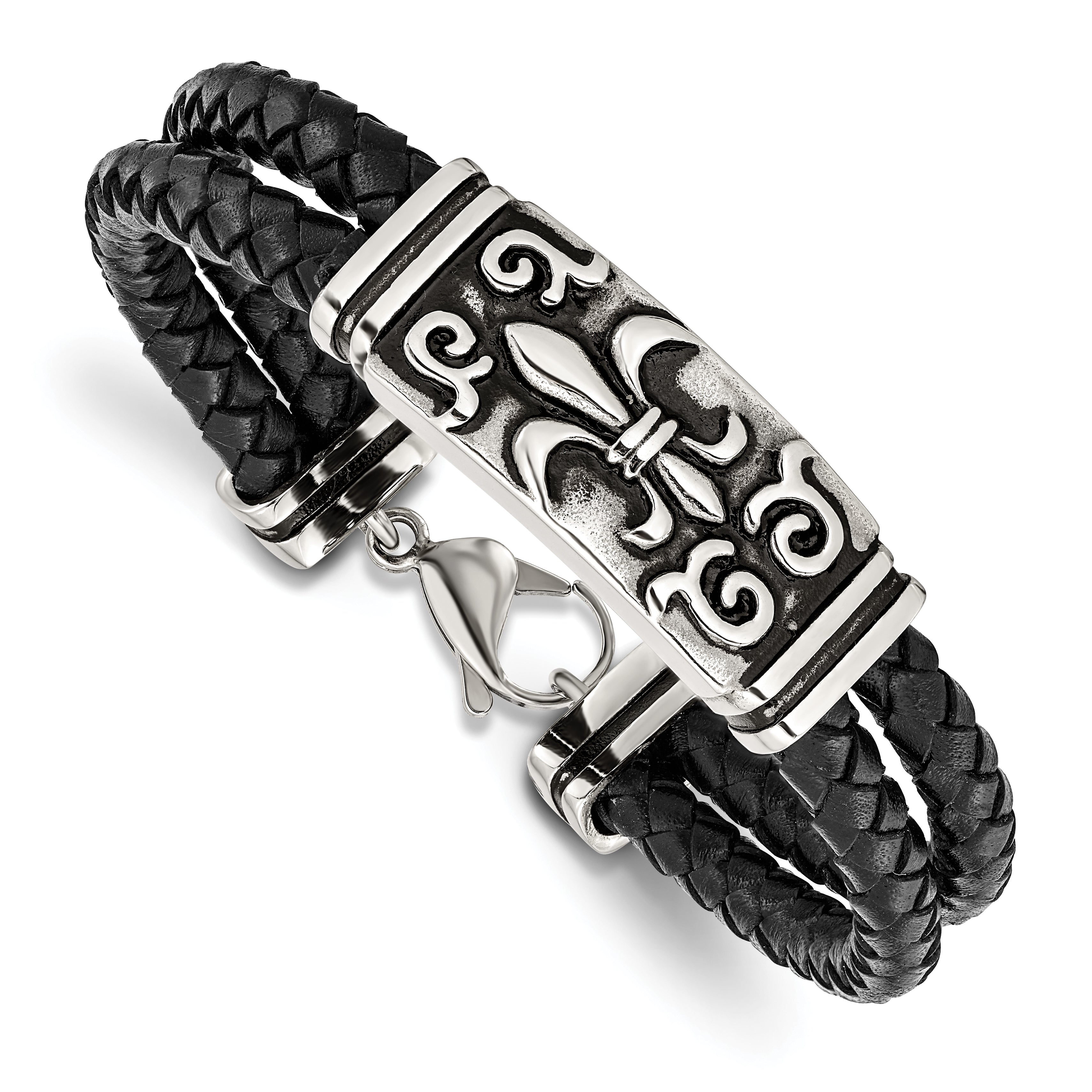 Chisel Stainless Steel Antiqued and Polished Fleur de Lis 2 Strand Black Braided Leather 8.5 inch Bracelet