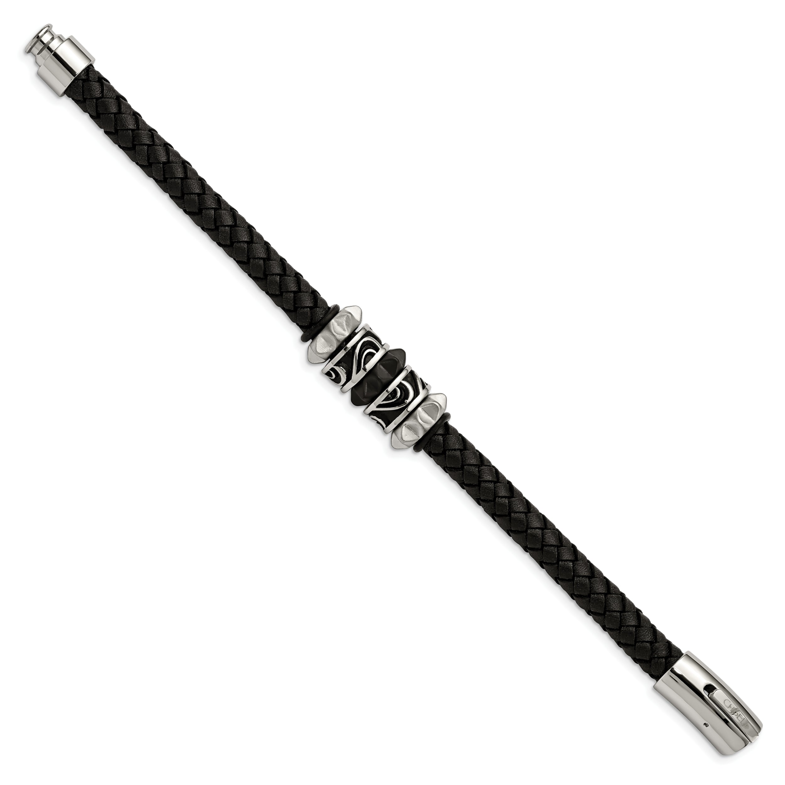 Chisel Stainless Steel Antiqued Brushed and Polished Black IP-plated Black Braided Leather 8.5 inch Bracelet