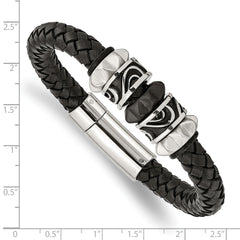 Chisel Stainless Steel Antiqued Brushed and Polished Black IP-plated Black Braided Leather 8.5 inch Bracelet