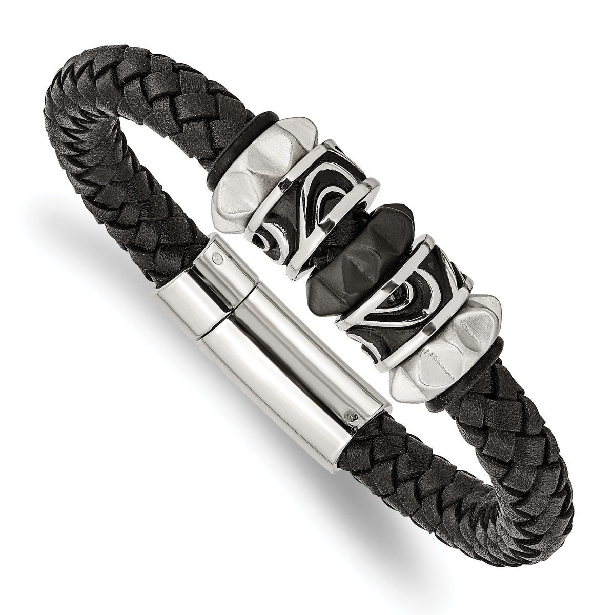 Chisel Stainless Steel Antiqued Brushed and Polished Black IP-plated Black Braided Leather 8.5 inch Bracelet