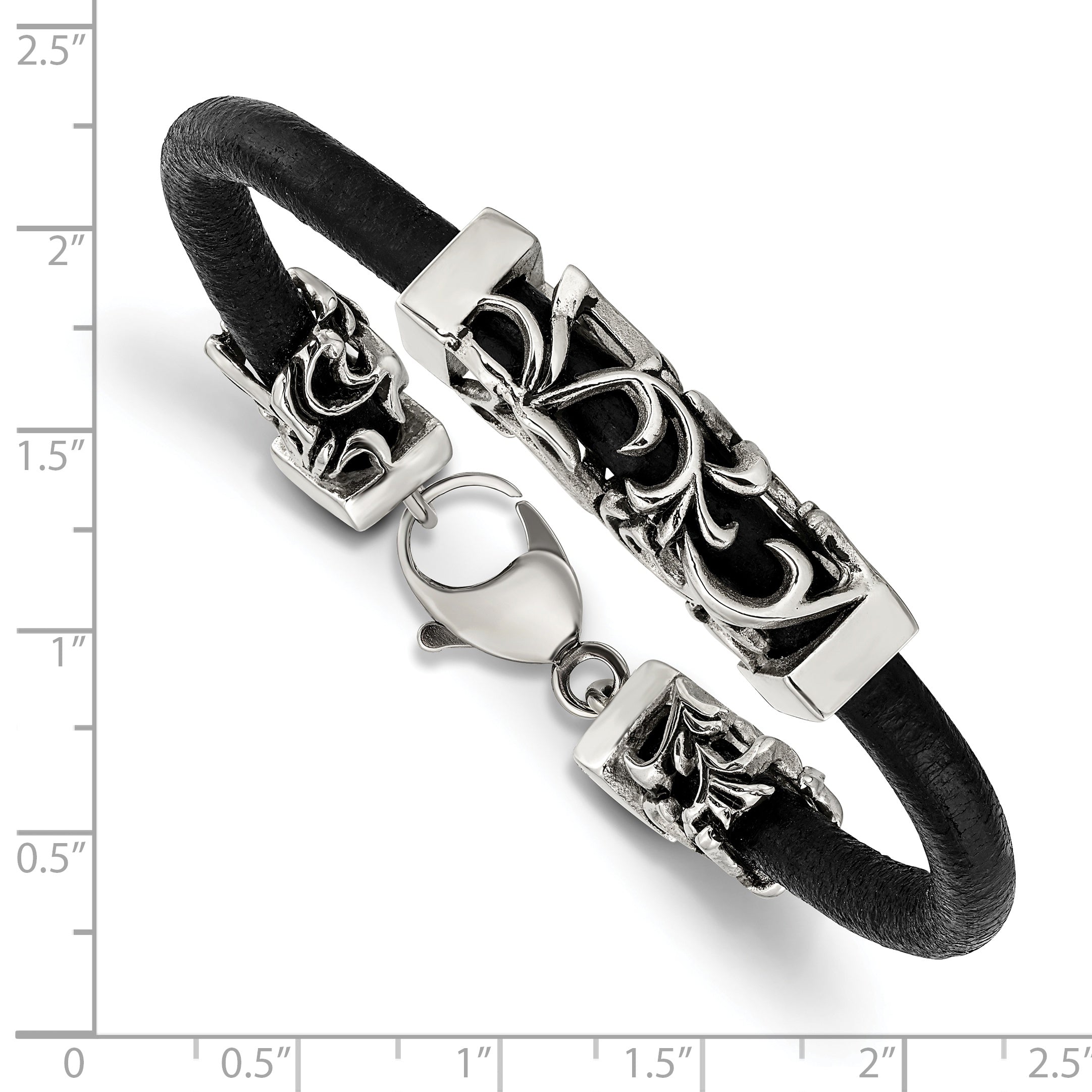 Stainless Steel Antiqued & Polished Filigree Black Leather Cord Bracelet