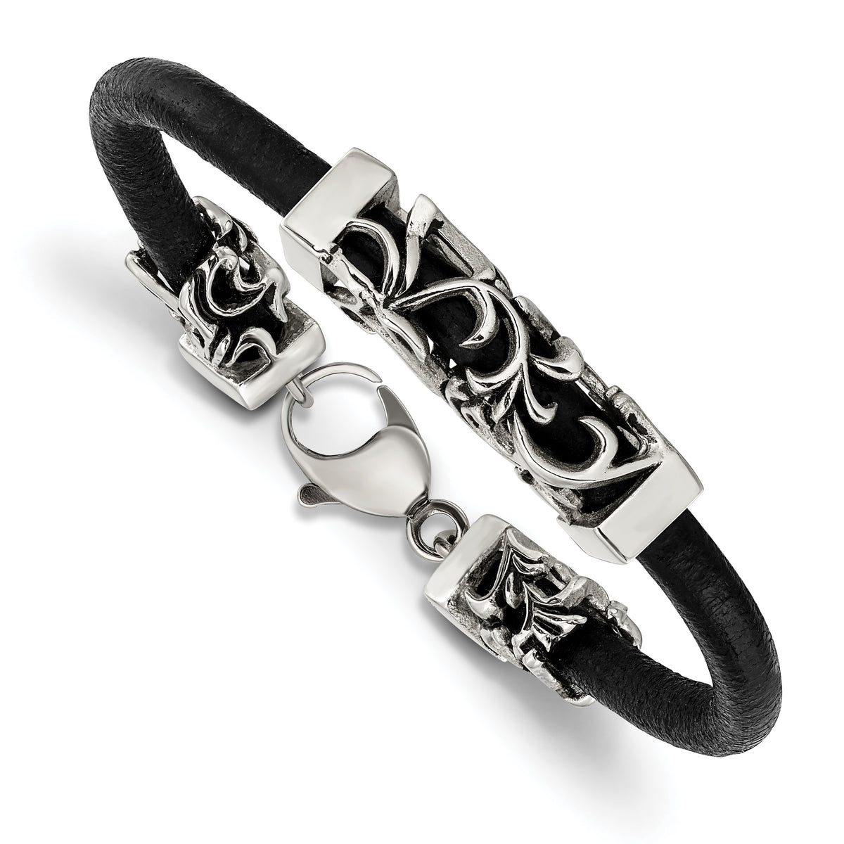 Stainless Steel Antiqued & Polished Filigree Black Leather Cord Bracelet