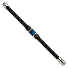 Chisel Stainless Steel Polished Black and Blue IP-plated Black Leather and Rubber 8.5 inch Bracelet