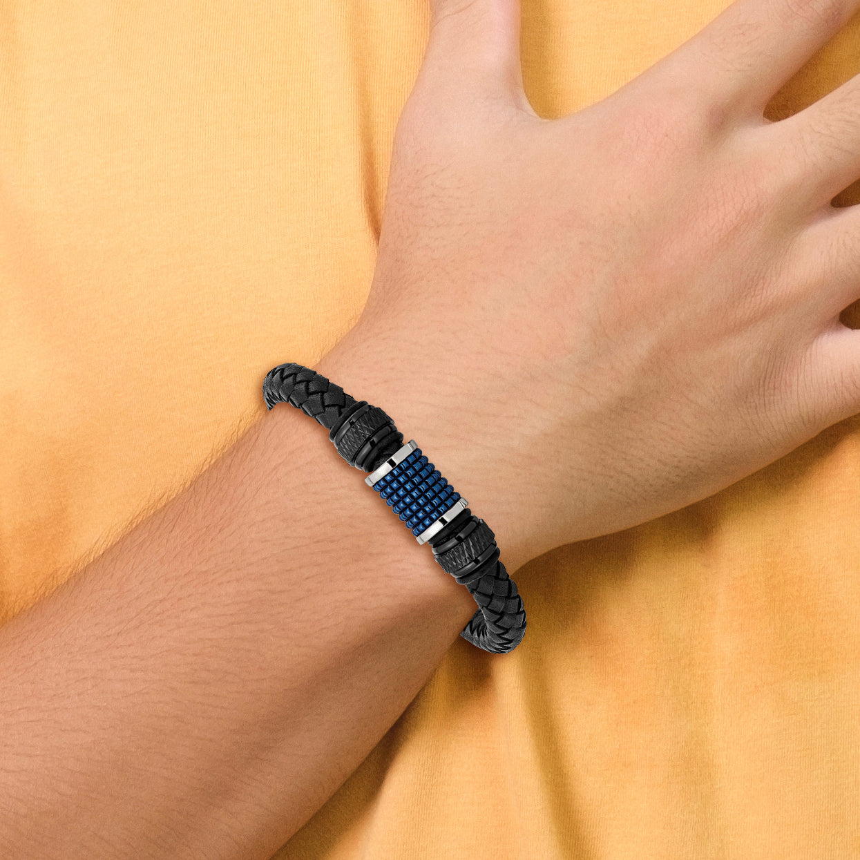 Chisel Stainless Steel Polished Black and Blue IP-plated Black Leather and Rubber 8.5 inch Bracelet