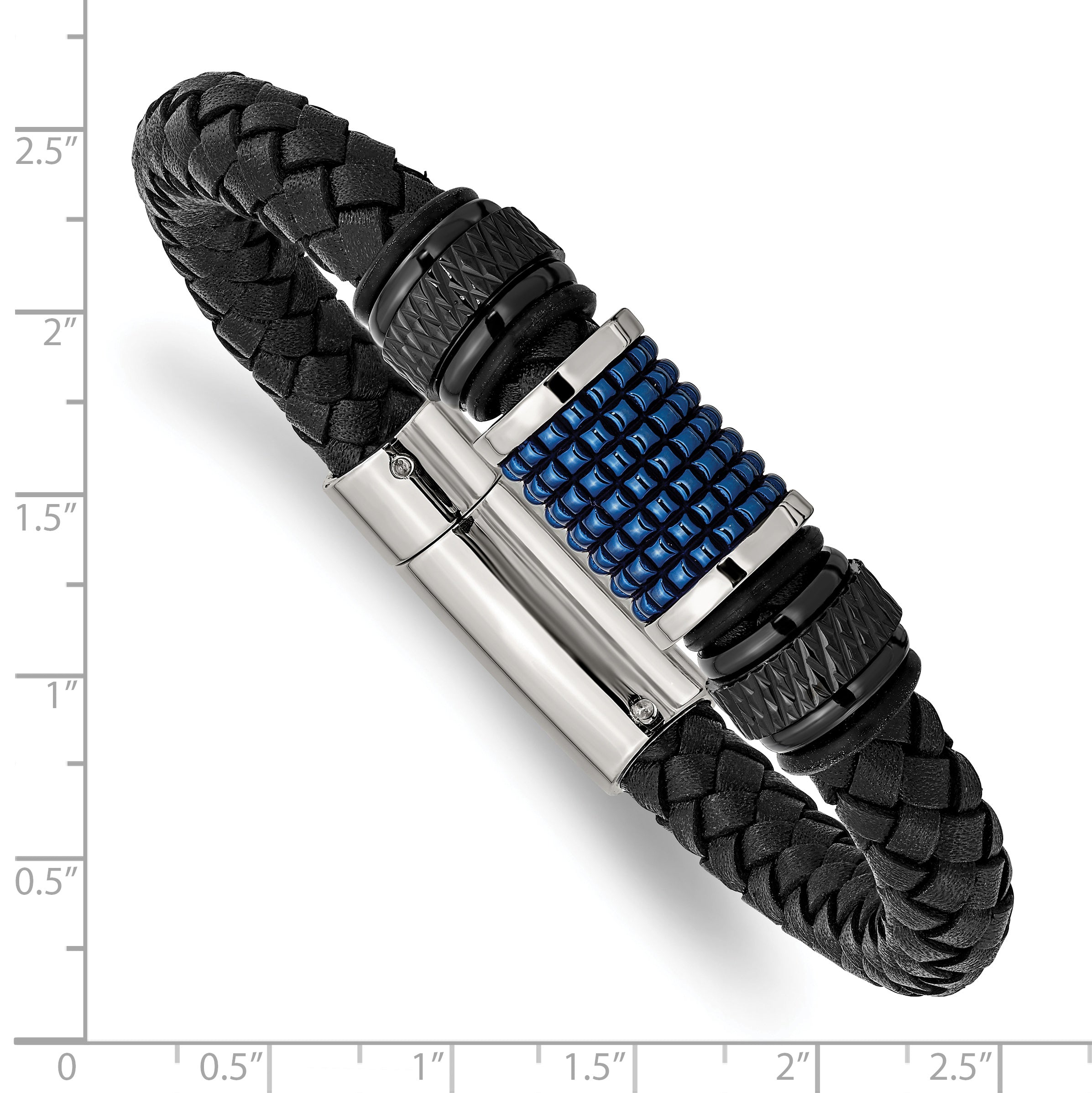 Chisel Stainless Steel Polished Black and Blue IP-plated Black Leather and Rubber 8.5 inch Bracelet