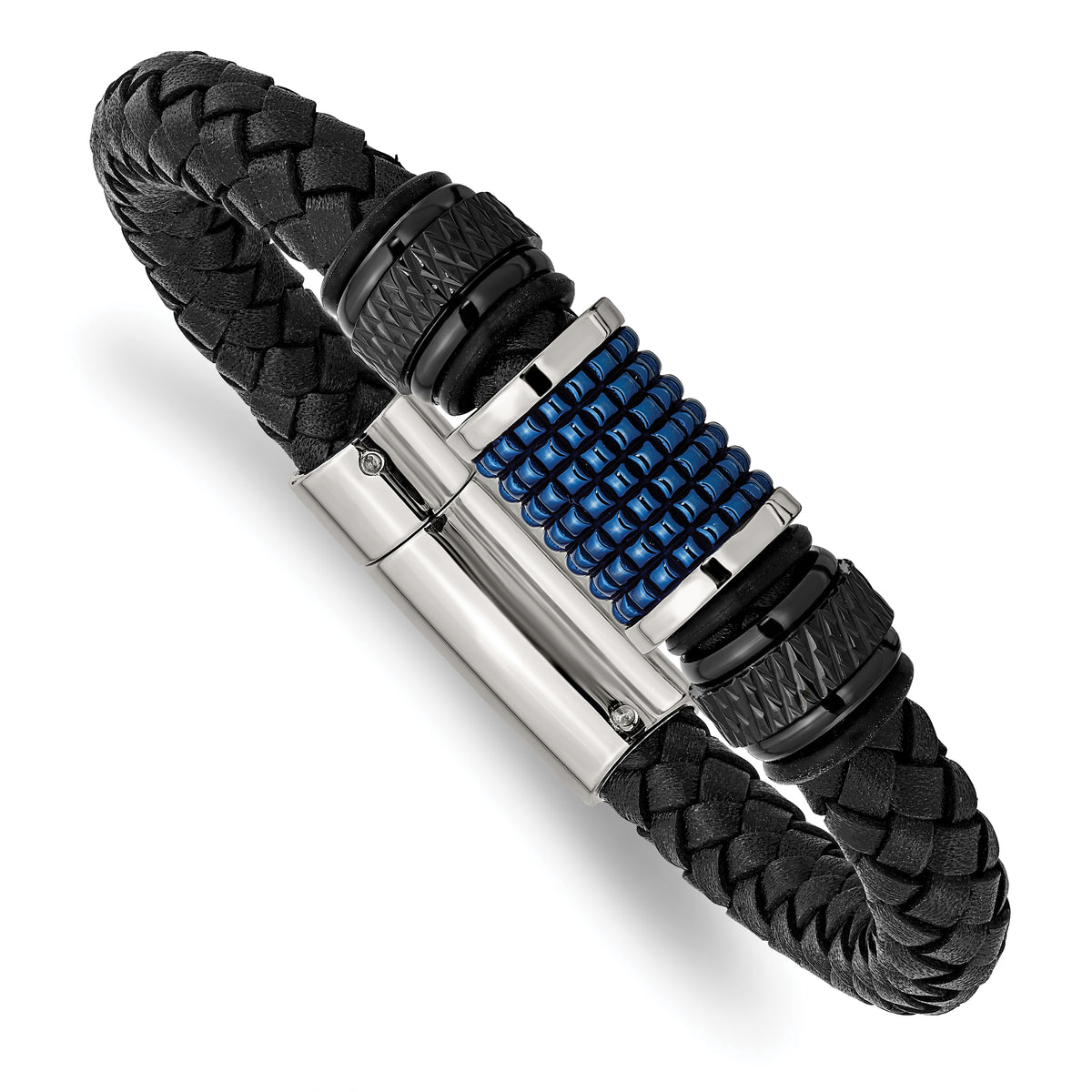 Chisel Stainless Steel Polished Black and Blue IP-plated Black Leather and Rubber 8.5 inch Bracelet