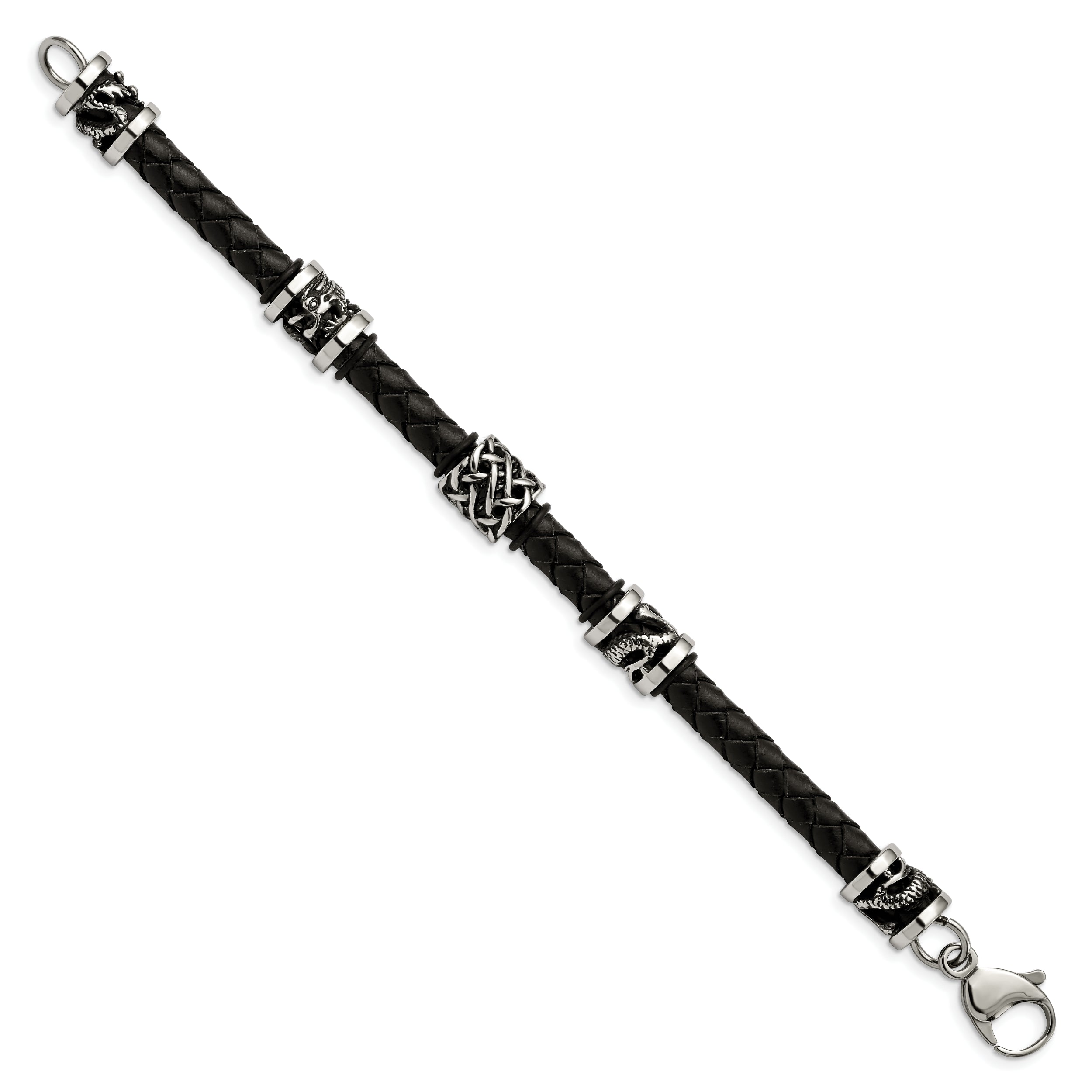 Chisel Stainless Steel Antiqued and Polished Dragon Black Braided Leather 8.5 inch Bracelet