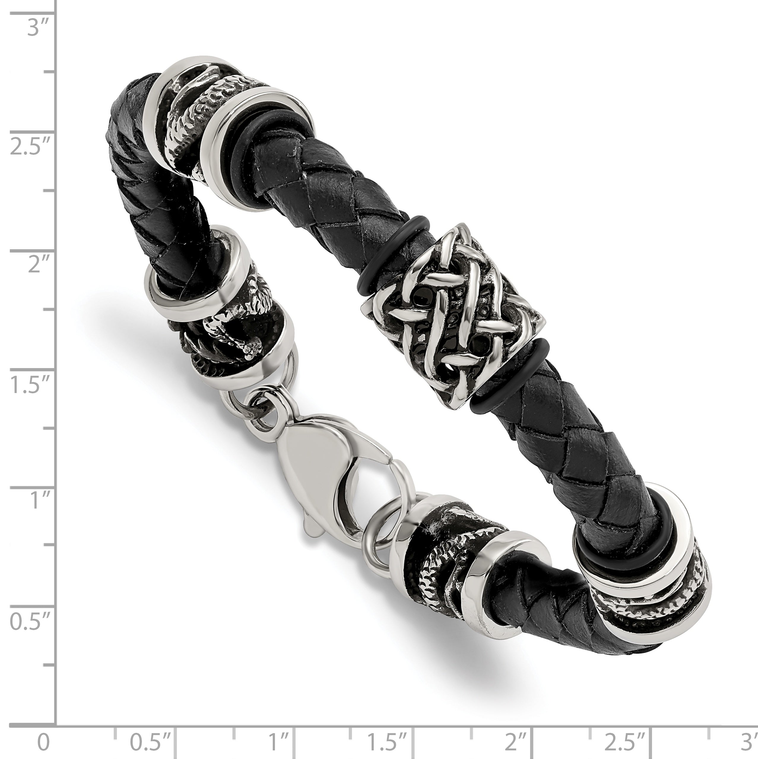 Chisel Stainless Steel Antiqued and Polished Dragon Black Braided Leather 8.5 inch Bracelet