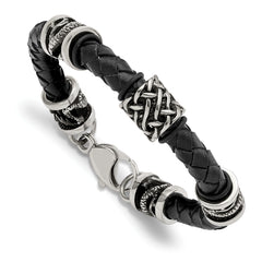 Chisel Stainless Steel Antiqued and Polished Dragon Black Braided Leather 8.5 inch Bracelet