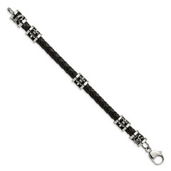 Chisel Stainless Steel Antiqued and Polished Fleur de Lis and Dragon Black Braided Leather 8.5 inch Bracelet