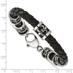 Chisel Stainless Steel Antiqued and Polished Fleur de Lis and Dragon Black Braided Leather 8.5 inch Bracelet