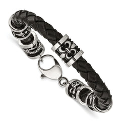 Chisel Stainless Steel Antiqued and Polished Fleur de Lis and Dragon Black Braided Leather 8.5 inch Bracelet