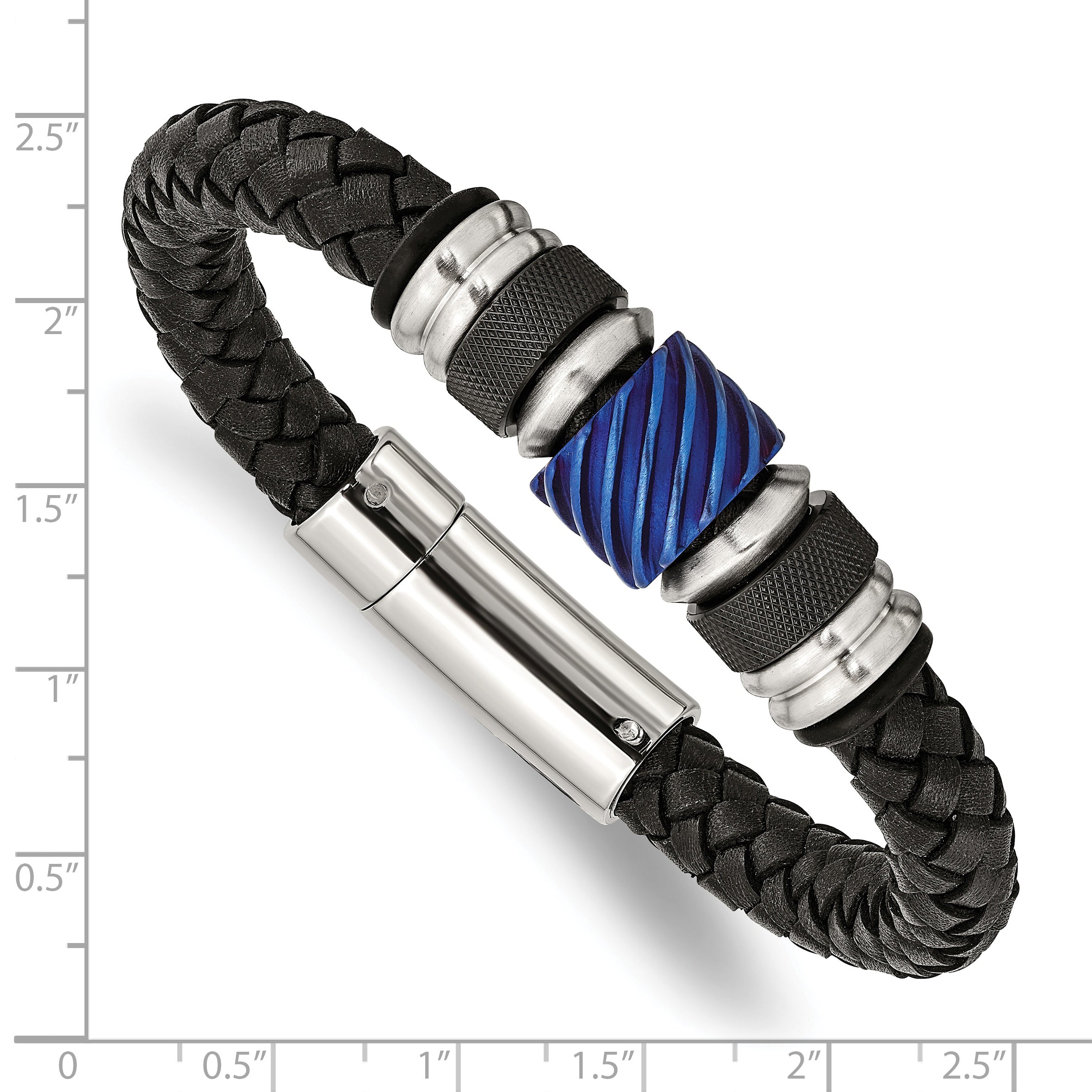 Chisel Stainless Steel Brushed and Polished Black and Blue IP-plated Black Braided Leather and Rubber 8.5 inch Bracelet