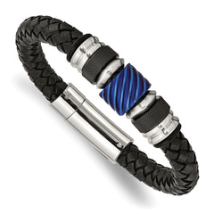 Chisel Stainless Steel Brushed and Polished Black and Blue IP-plated Black Braided Leather and Rubber 8.5 inch Bracelet