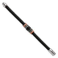 Chisel Stainless Steel Polished and Textured Black and Brown IP-plated Black Braided Leather and Rubber 8.5 inch Bracelet