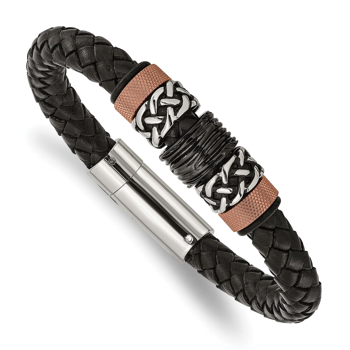 Chisel Stainless Steel Polished and Textured Black and Brown IP-plated Black Braided Leather and Rubber 8.5 inch Bracelet