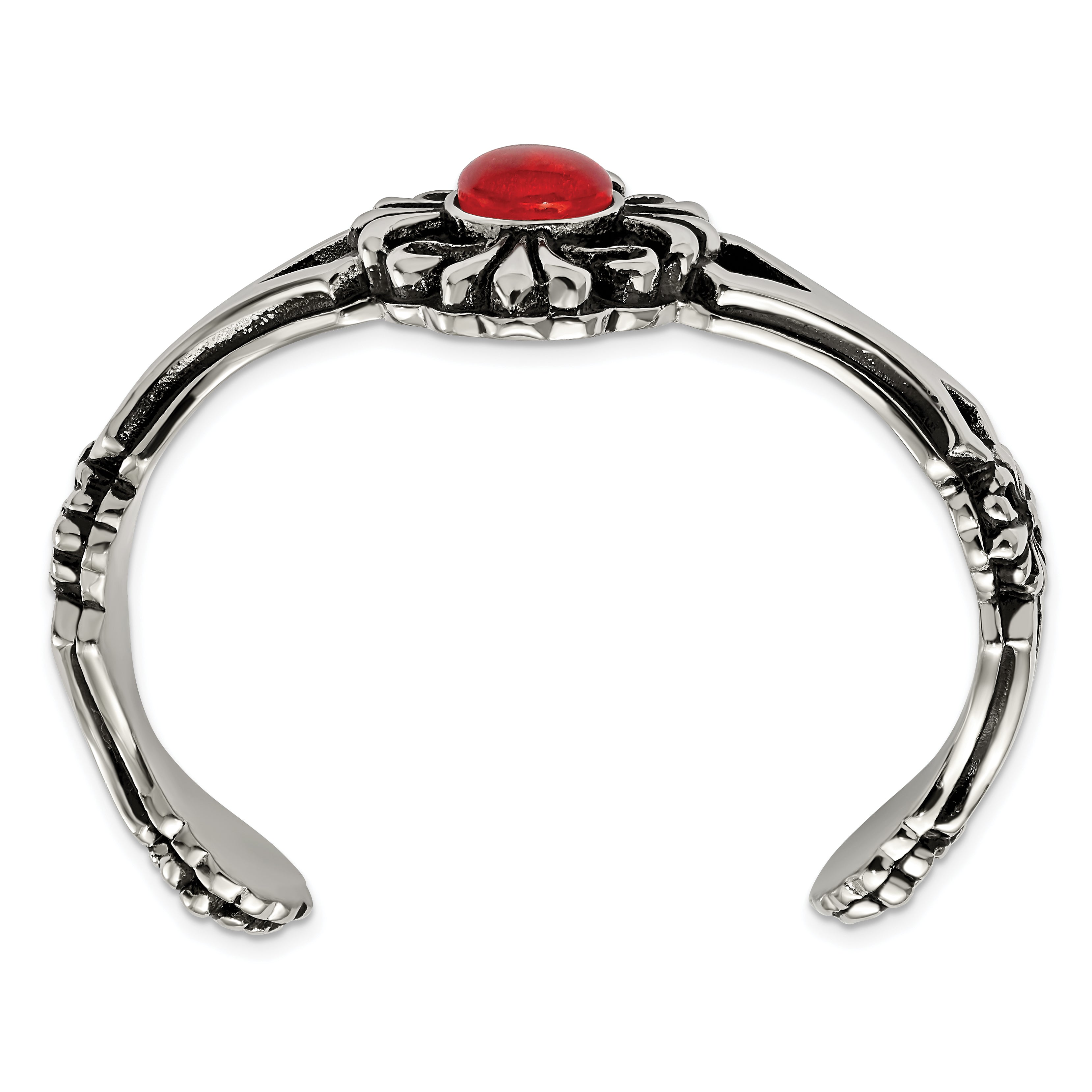 Stainless Steel Antiqued & Polished w/Red Glass Flower Cuff Bracelet